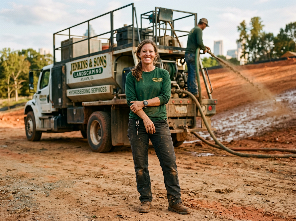 Family-owned Atlanta Hydroseeding crew leader standing beside the hydroseeding rig on a Georgia jobsite
