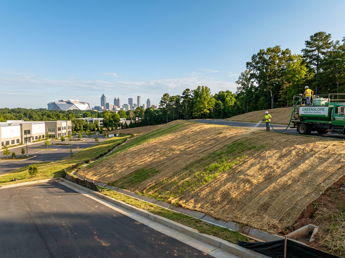Straw blanket erosion control installed on a stabilized commercial slope in metro Atlanta